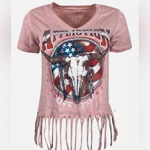 Affliction Pink Fringe Top with Graphic Design